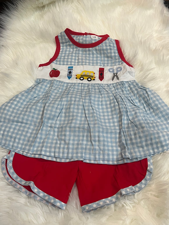 Apple bus gingham girl school short set