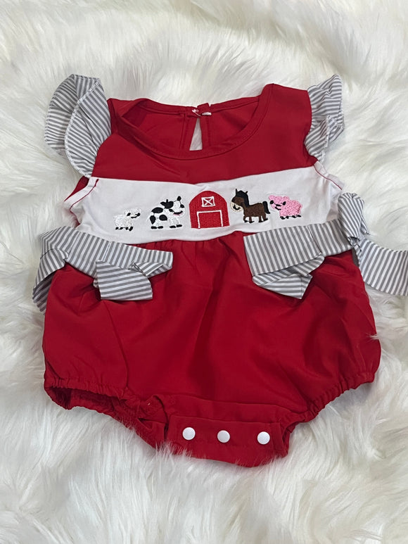 Red farm girl barn bubble