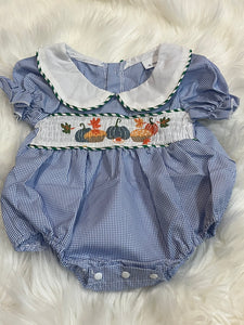 Blue gingham collared pumpkin smock bubble