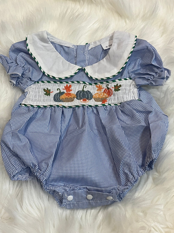 Blue gingham collared pumpkin smock bubble