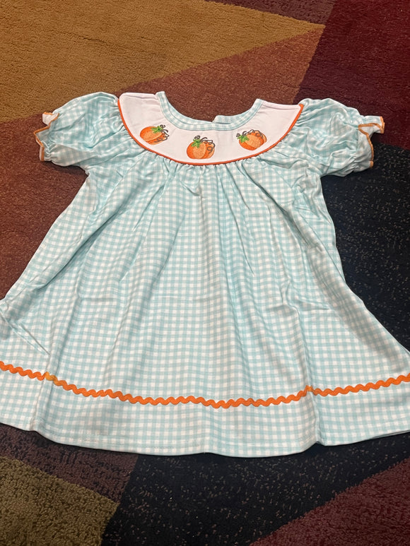Blue gingham pumpkin embroidered dress
