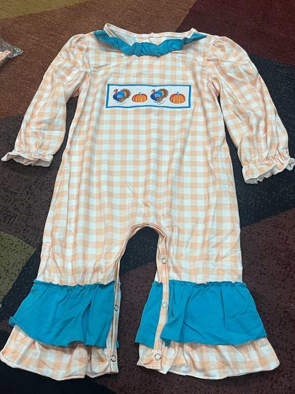 Turkey pumpkin peach gingham blue ruffle romper