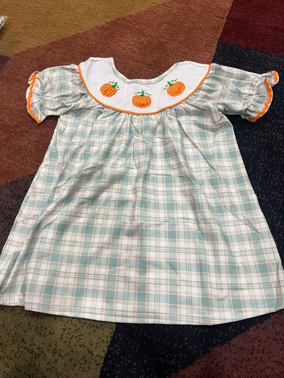 Sage tan plaid pumpkin embroidered dress