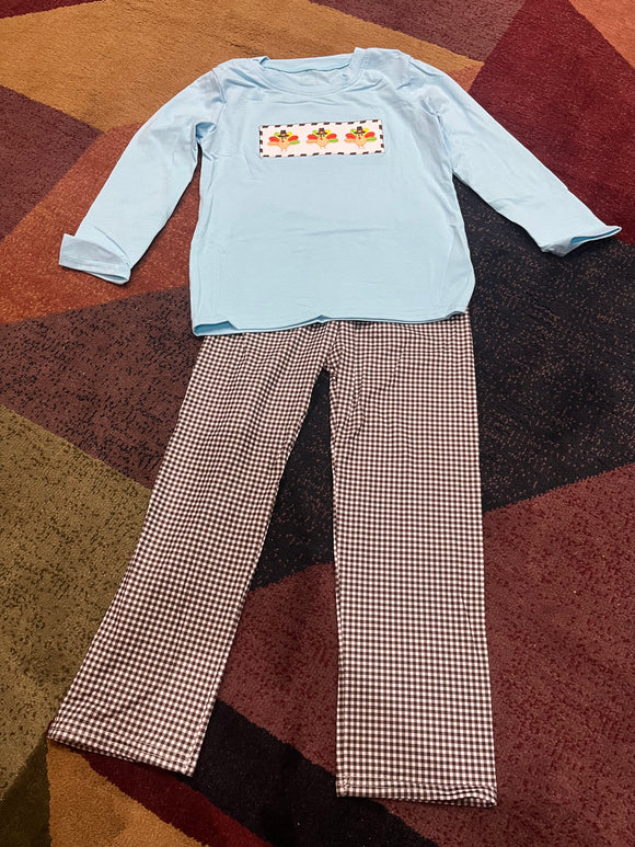 Blue turkey brown gingham boy pant set