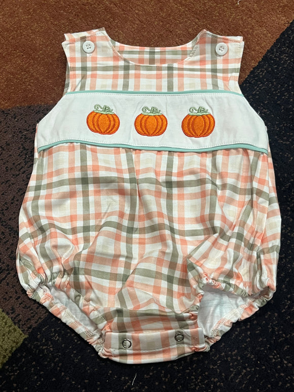Boys sage peach pumpkin embroidered bubble