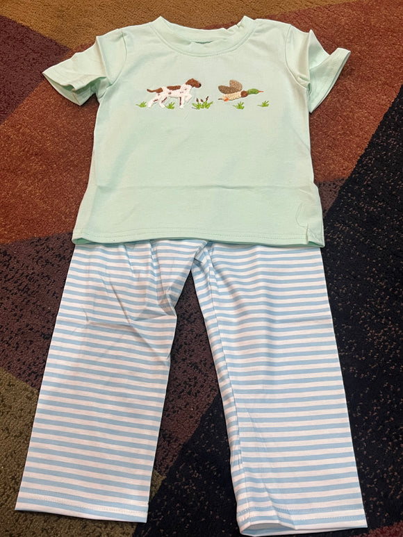 Dog duck French knot boy teal pant set