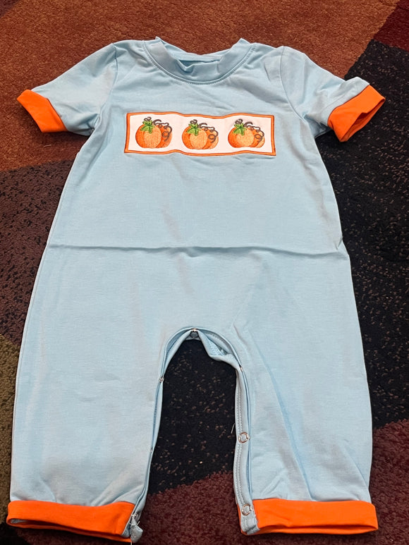 Blue boys pumpkin embroidered romper