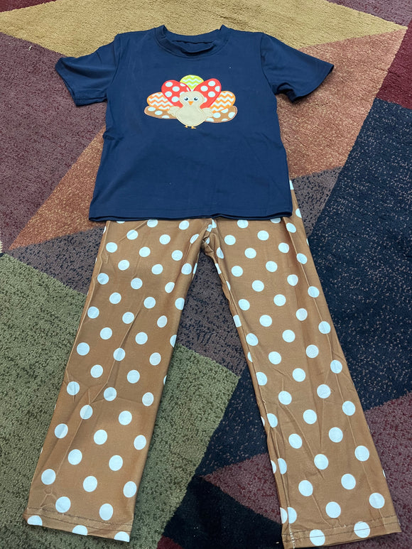 4t turkey polk a dot brown applique pant set