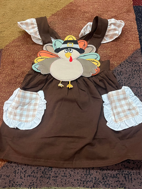 Brown turkey applique pocket dress