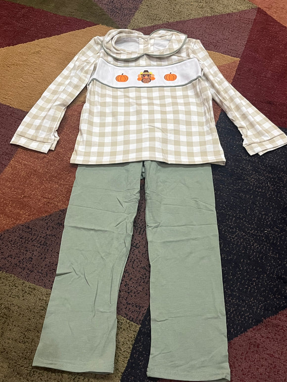 Tan sage collared boy turkey pant set