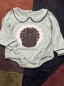 Sage turkey applique collared bubble romper