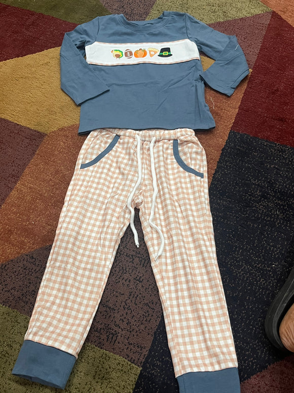 Tan blue boy thanksgiving jogger set