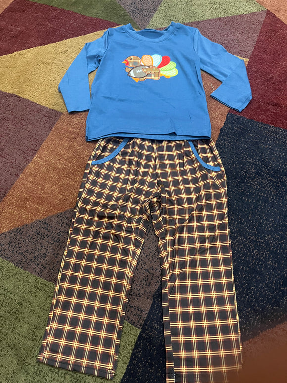 Blue brown plaid football turkey pant set