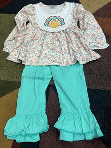 Teal peach floral turkey ruffle pant set
