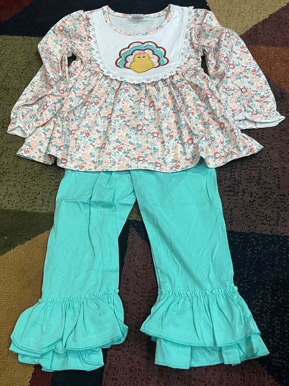 Teal peach floral turkey ruffle pant set