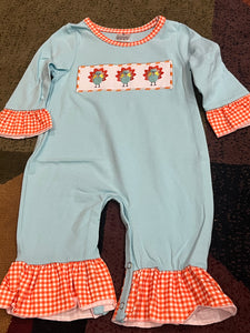 Blue orange gingham turkey ruffle romper