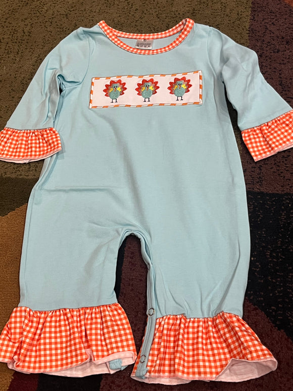 Blue orange gingham turkey ruffle romper