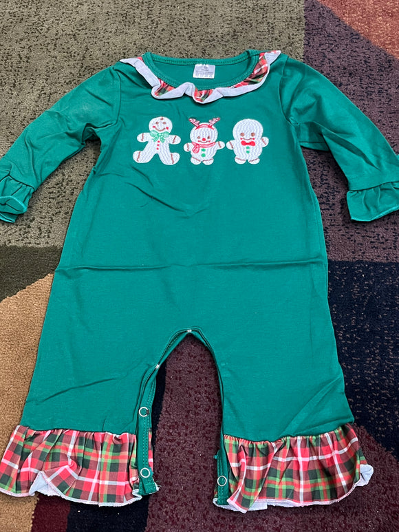 3/6m green white gingerbread ruffle romper