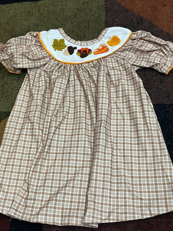 French knot tan plaid turkey pie dress