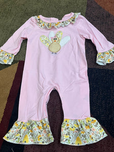 Pink turkey applique floral ruffle romper