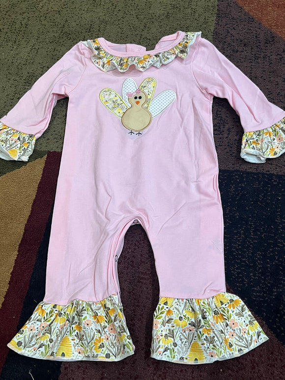 Pink turkey applique floral ruffle romper