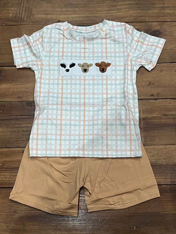 Cow French knot boy short set