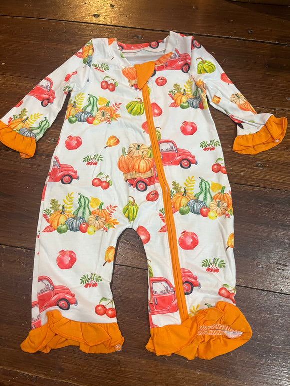 Girl pumpkin truck pajama romper
