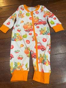 Unisex pumpkin truck pajama romper