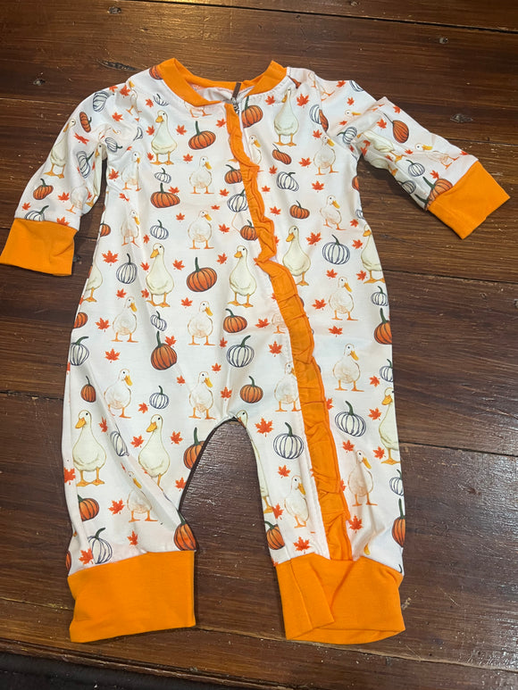 Girl button bottom pajama pumpkin duck romper