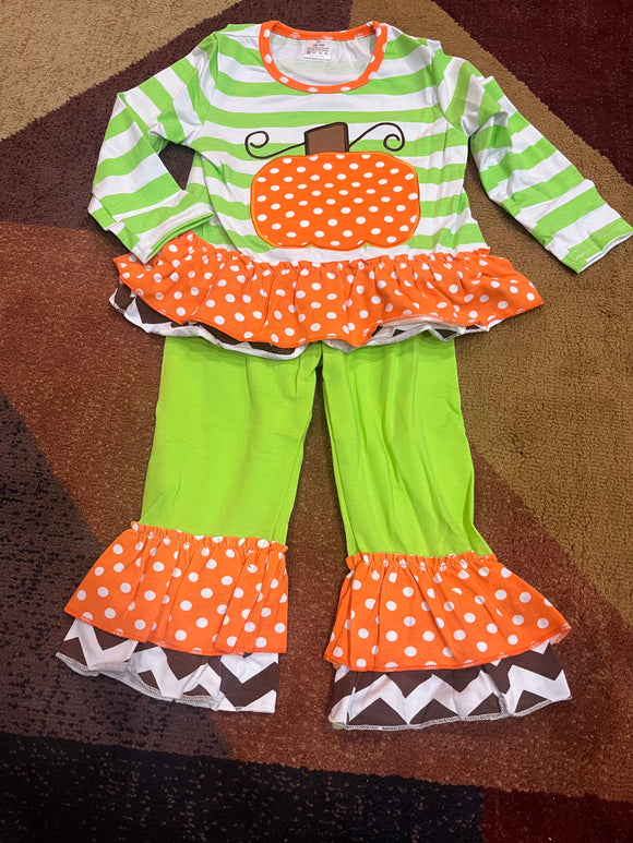 Girls green stripe pumpkin ruffle pant set
