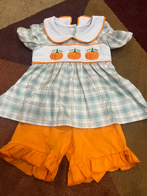 Girls collared sage plaid pumpkin girl short set