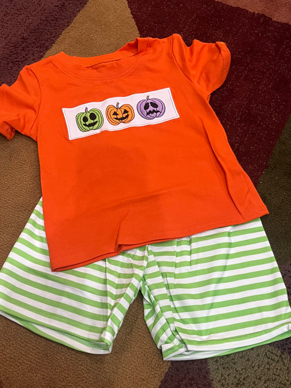 Boys pumpkin trio green stripe short set
