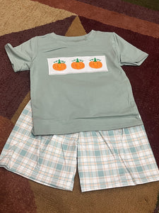 Sage plaid boys pumpkin trio short set