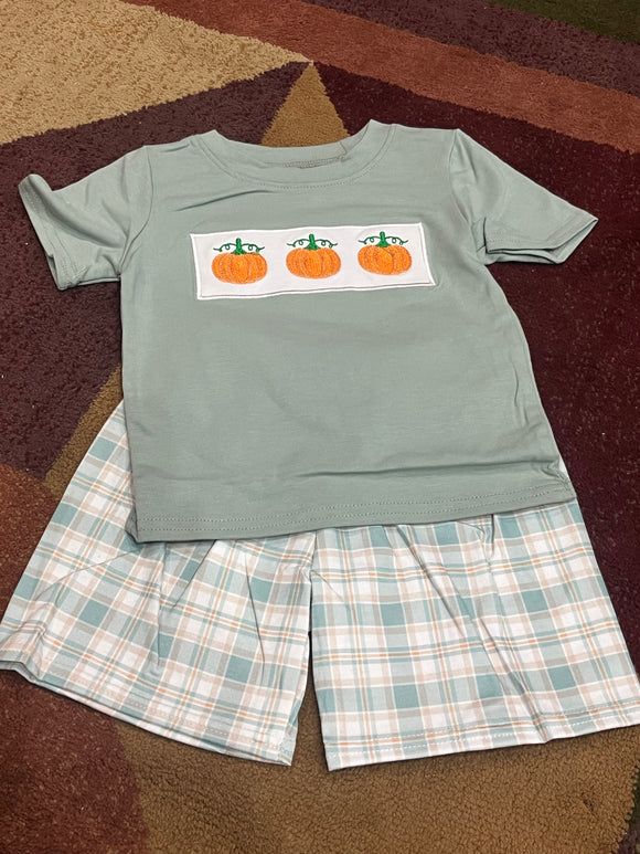 Sage plaid boys pumpkin trio short set