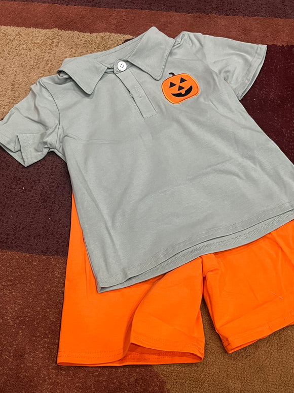 Boys collared sage embroidered Jack o lantern short set