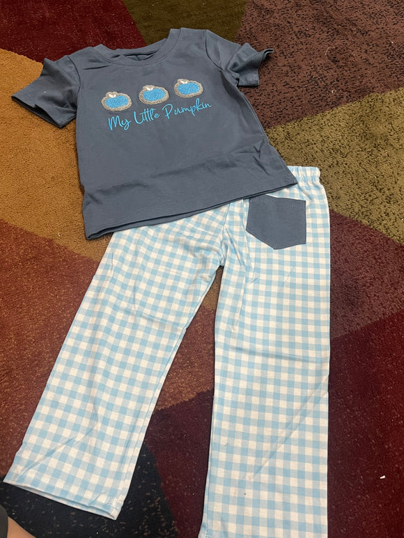 My little pumpkin blue boy French knot pant set