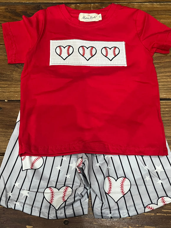Heart baseball smocked boy short set