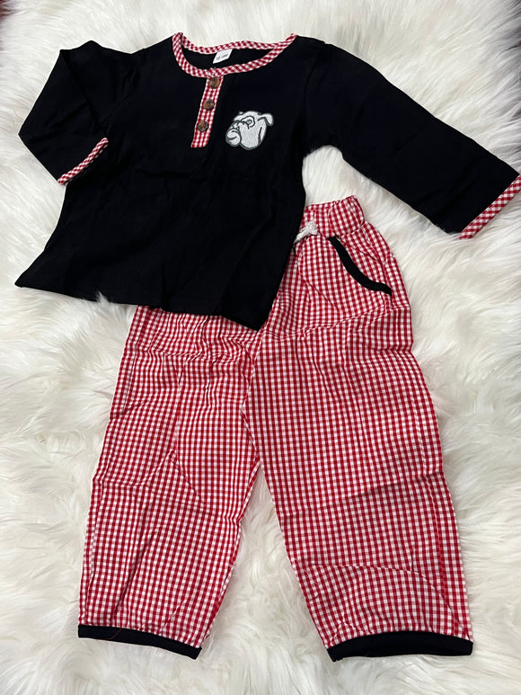 Black long sleeve dog red gingham pant set