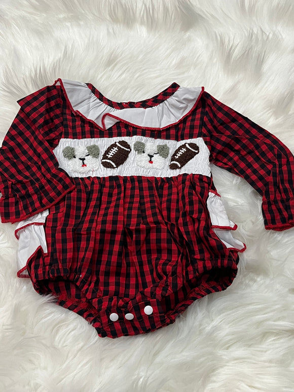 Red black gingham dog football French knot girl bubble