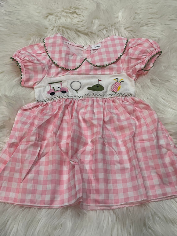 Pink gingham golf cart ball hole trio dress