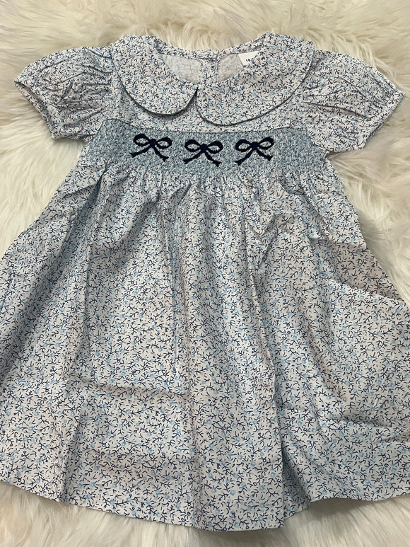 Navy floral blue bow smocked dress
