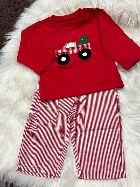 Boy French knot monster truck Christmas tree pant set