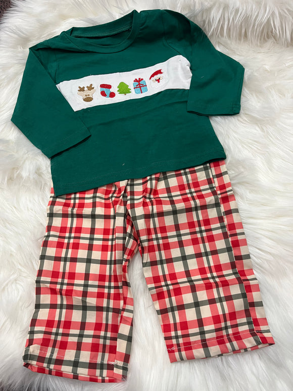 Deer stocking tree boy red green plaid pant set