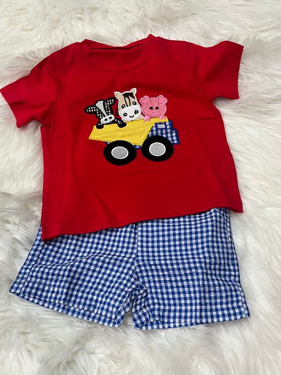 Dump truck farm animal red blue gingham boy short set