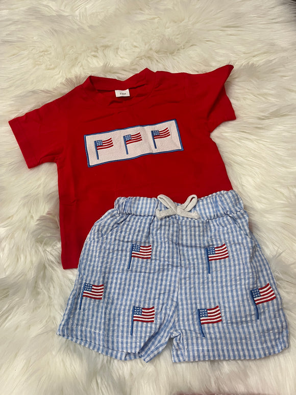 Red flag trio blue gingham embroidered boy short set