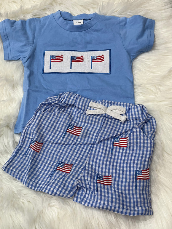 Blue flag trio shirt embroidered blue gingham boy short set
