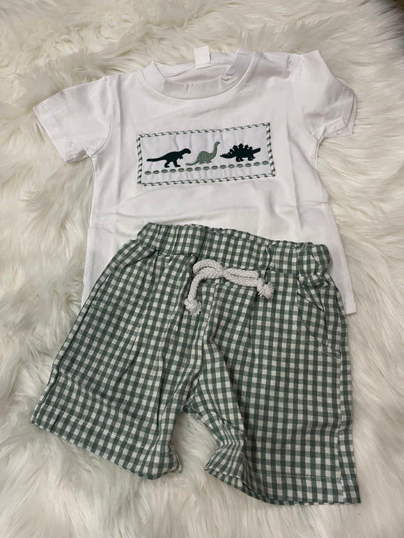 Green gingham dinosaur boys short set