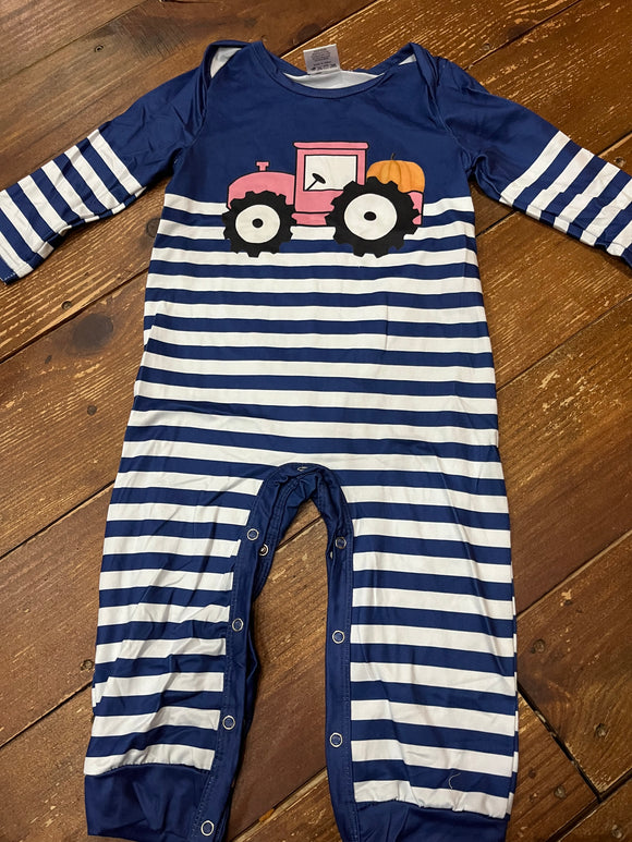 Tractor blue stripe pumpkin romper