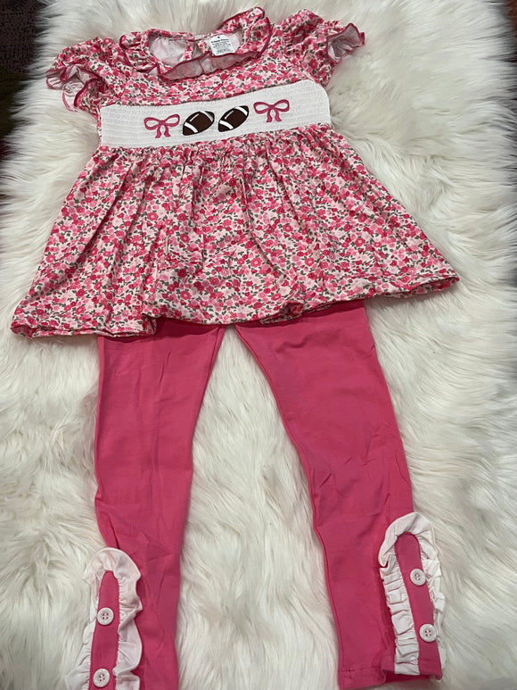 Smocked pink floral bow football pant set