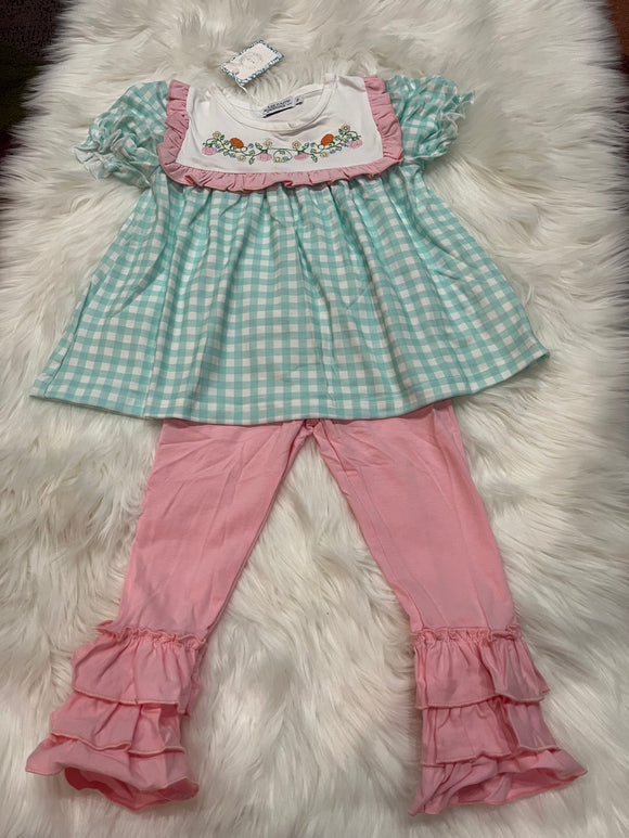 Mint pink gingham pumpkin vine bib pant set